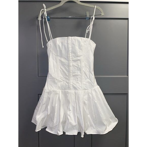 Edikted Perri XS White Pleated Corset Mini Visit Tie Shoulder Straps Drop Waist - Picture 3 of 10
